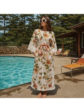 Terry Cloth Vintage Floral Zip Maxi Dress Cover Up Towel Half Sleep Women S / M